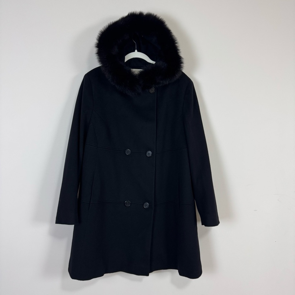 Loro Piana Fleurette Black Wool Double Breasted Coat Genuine Fox Fur Trim Sz 22 - Picture 7 of 17